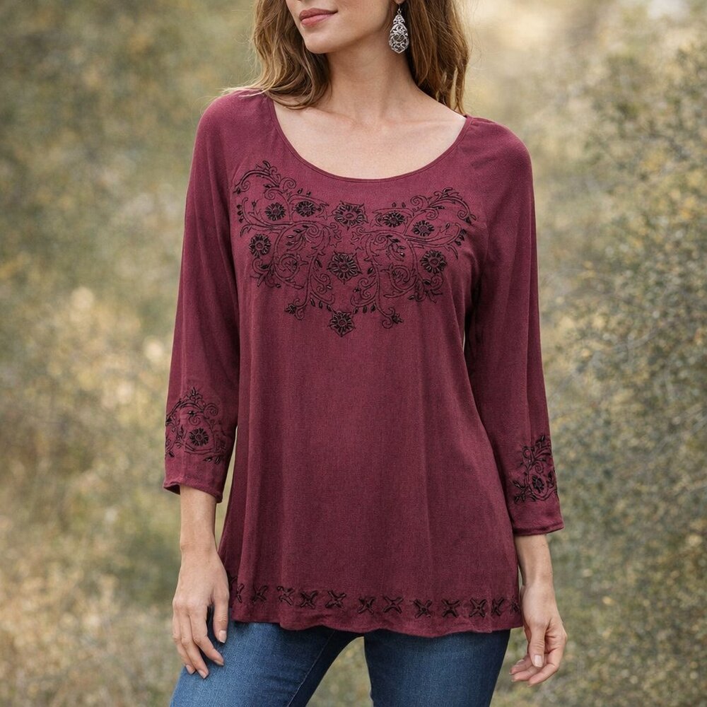 Tru Luxe Jeans Burgundy Floral Embroidered Beaded Boho Retro Tunic Top M